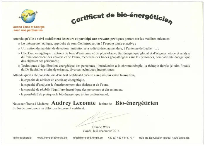 Certificat de Bio-énergéticien Terre et Energie, délivré à Audrey Lecomte