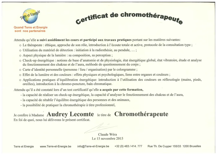 Certificat de Chromothérapeute Terre et Energie, délivré à Audrey Lecomte