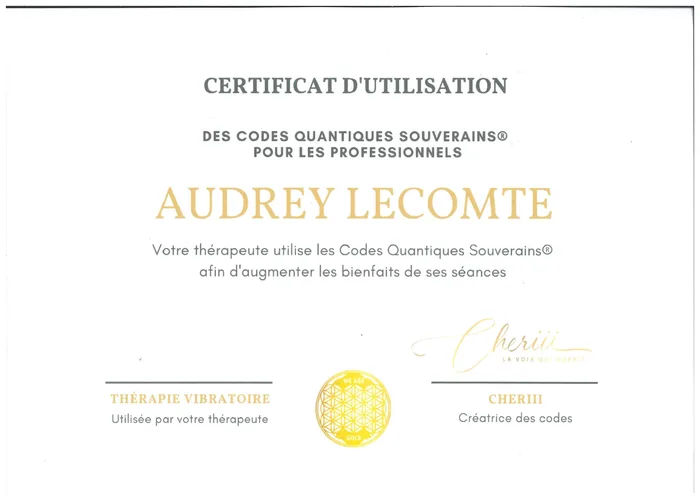 Certificat d'utilisation professionnelle des Codes Quantiques Souverains, au nom d'Audrey Lecomte