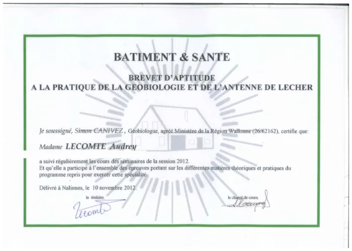 Brevet d'aptitude à la pratique de la géobiologie et de l'antenne de Lecher, délivré à Audrey Lecomte