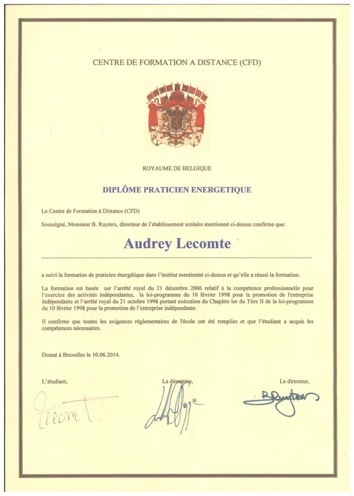 Diplôme Praticien Énergétique du Centre de Formation à Distance, délivré à Audrey Lecomte