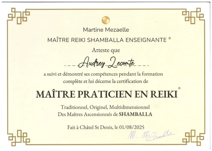 Certification Maître Praticien en Reiki Shamballa, délivrée à Audrey Lecomte
