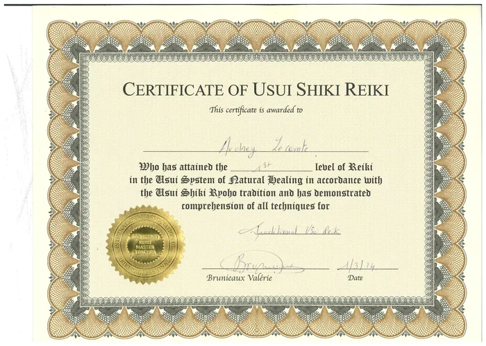 Certificat Reiki Usui Shiki Ryoho, 1er degré, délivré à Audrey Lecomte