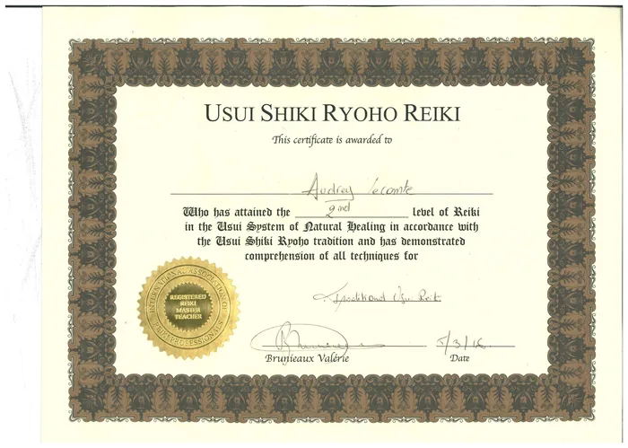 Certificat Reiki Usui Shiki Ryoho, 2e degré, délivré à Audrey Lecomte