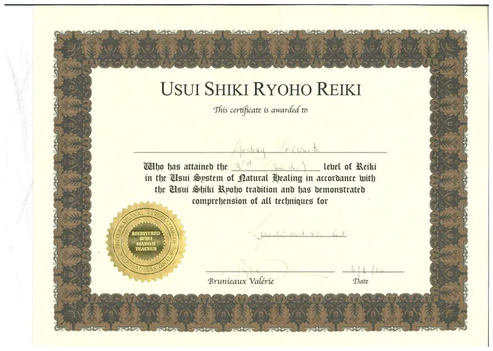 Certificat Reiki Usui Shiki Ryoho, 3e degré Maître, délivré à Audrey Lecomte